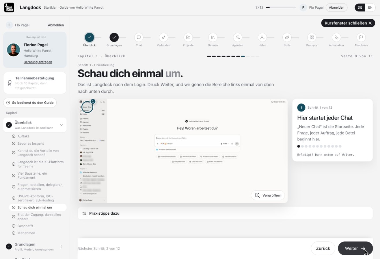 Schritt im Guide mit nummerierter Markierung im Langdock-Screenshot