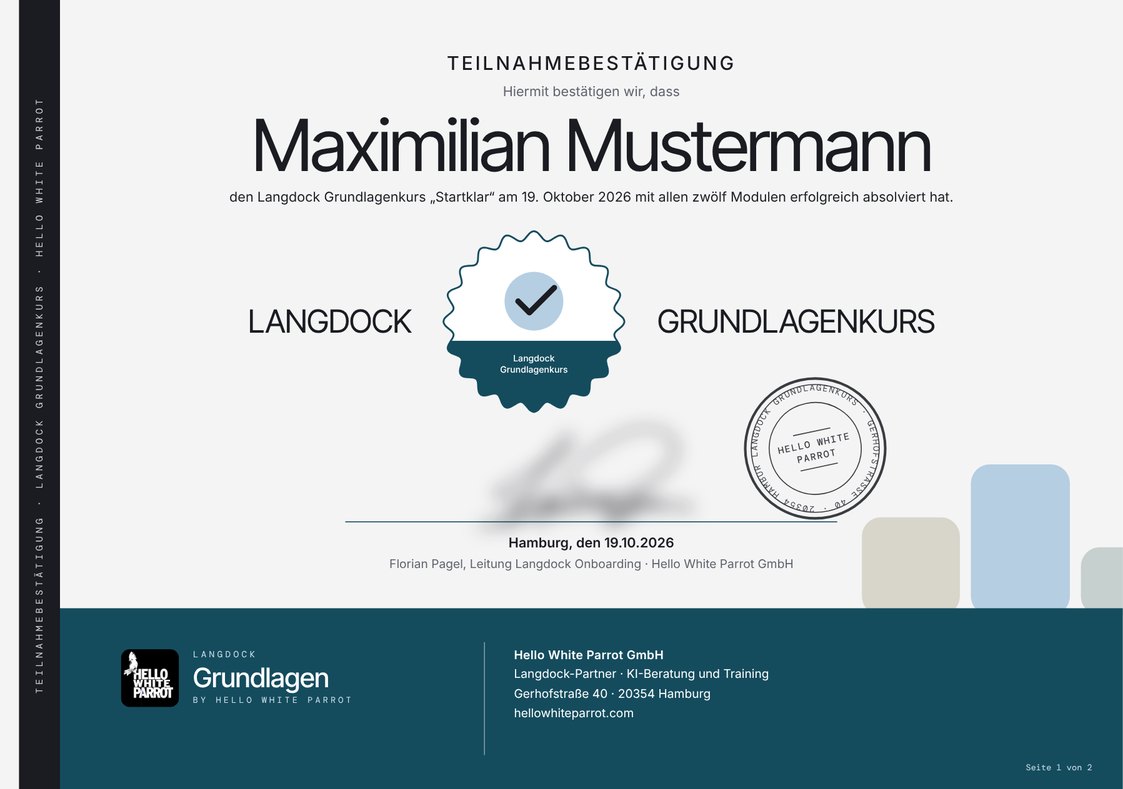 Teilnahmebestätigung zum Langdock-Kurs