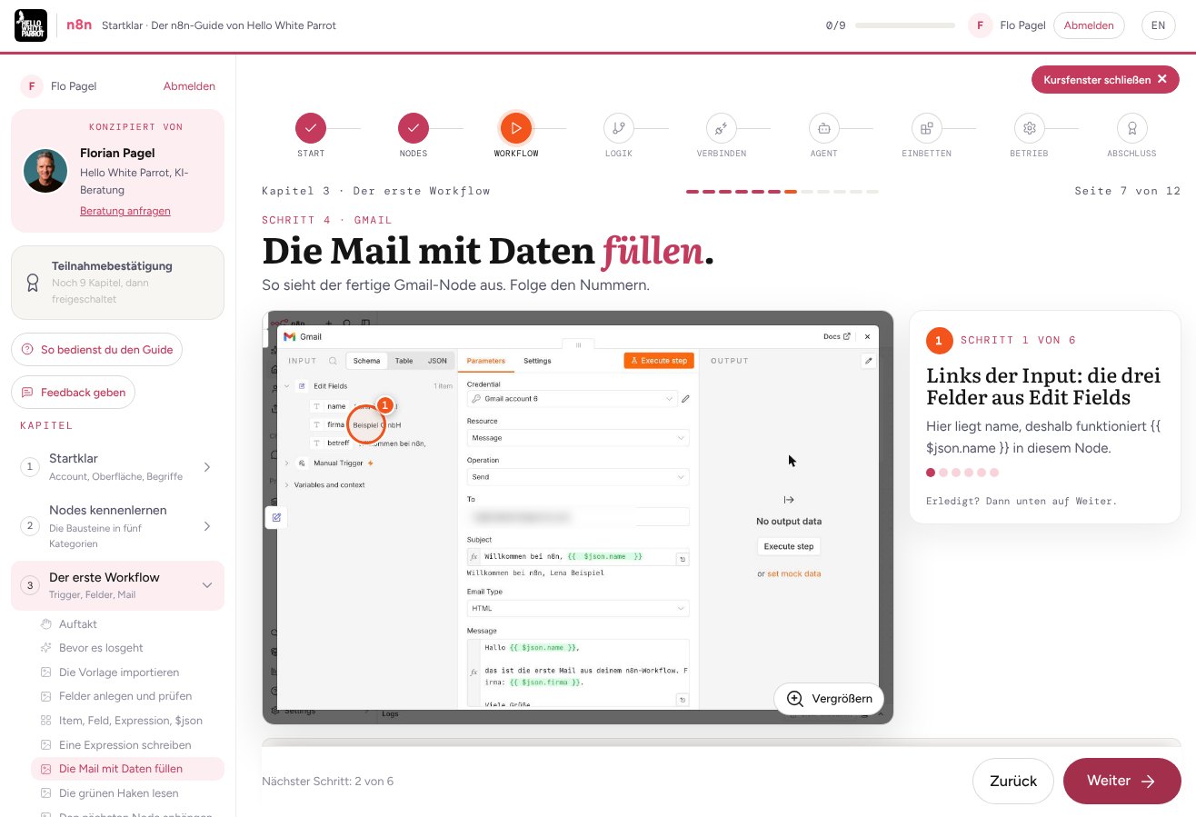 Schritt im Guide mit nummerierter Markierung im n8n-Screenshot