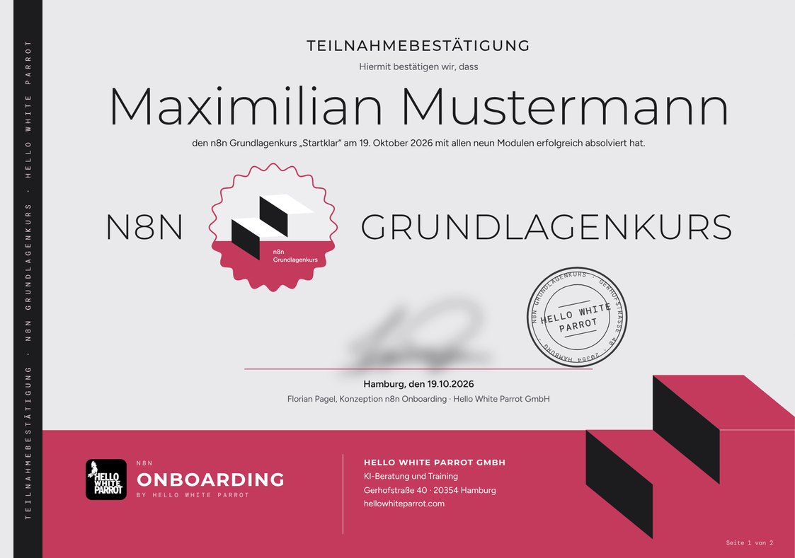 Teilnahmebestätigung zum n8n-Kurs
