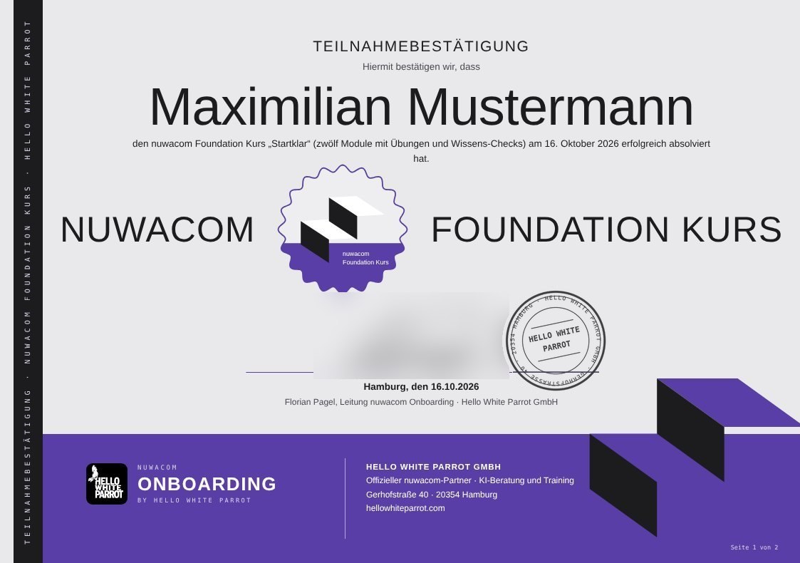 Beispiel der Teilnahmebestätigung zum nuwacom-Kurs
