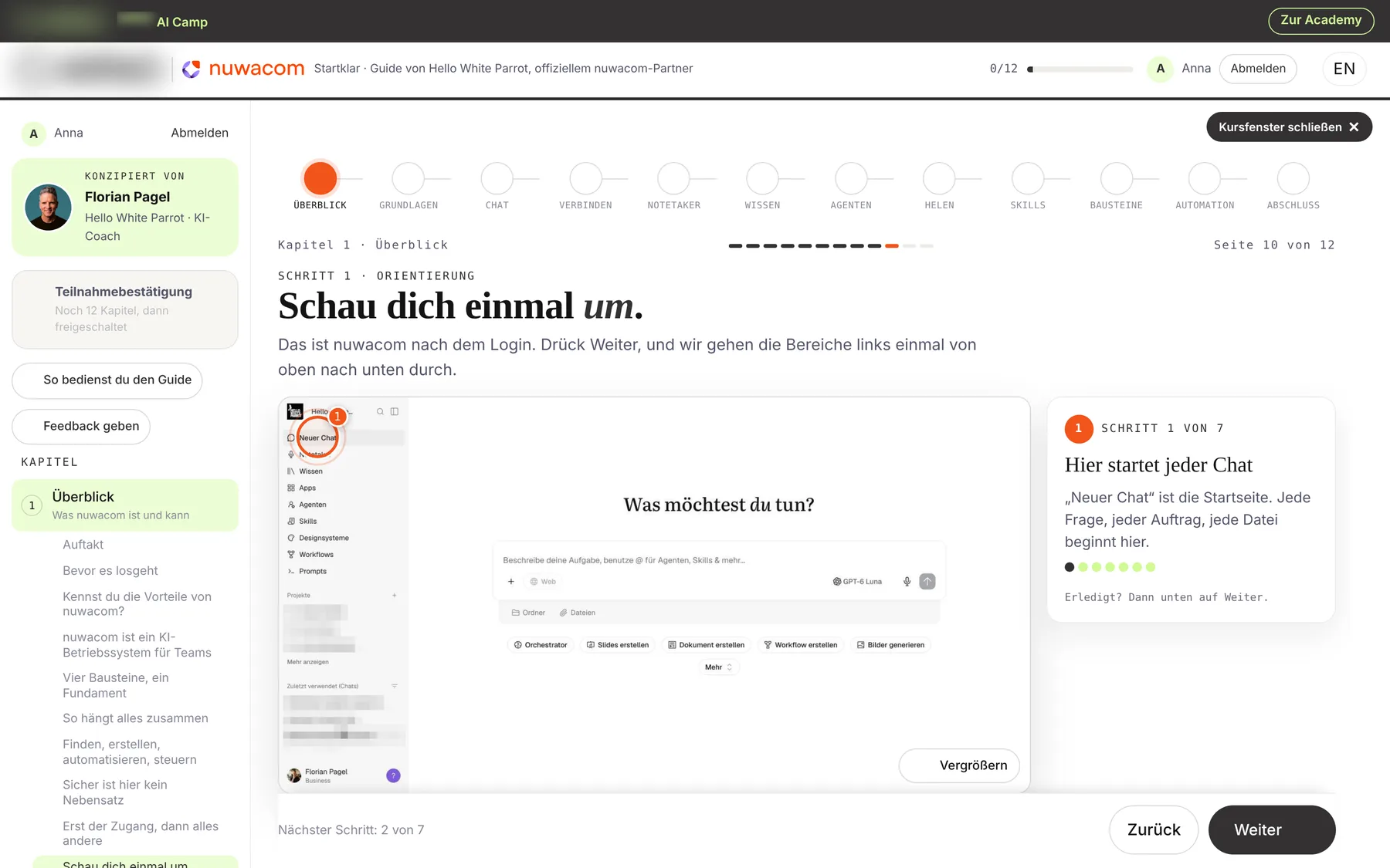 Lernschritt mit markierter Stelle im echten Tool