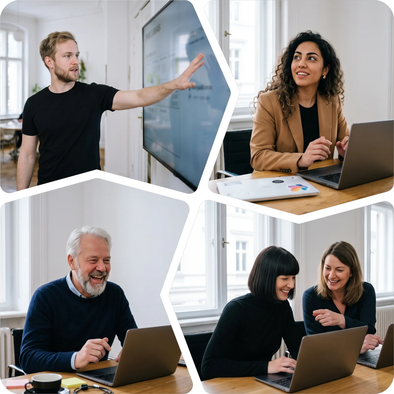 Vier Momente aus KI-Workshops: Menschen unterschiedlichen Alters arbeiten gemeinsam am Laptop. KI-generiertes Bild.