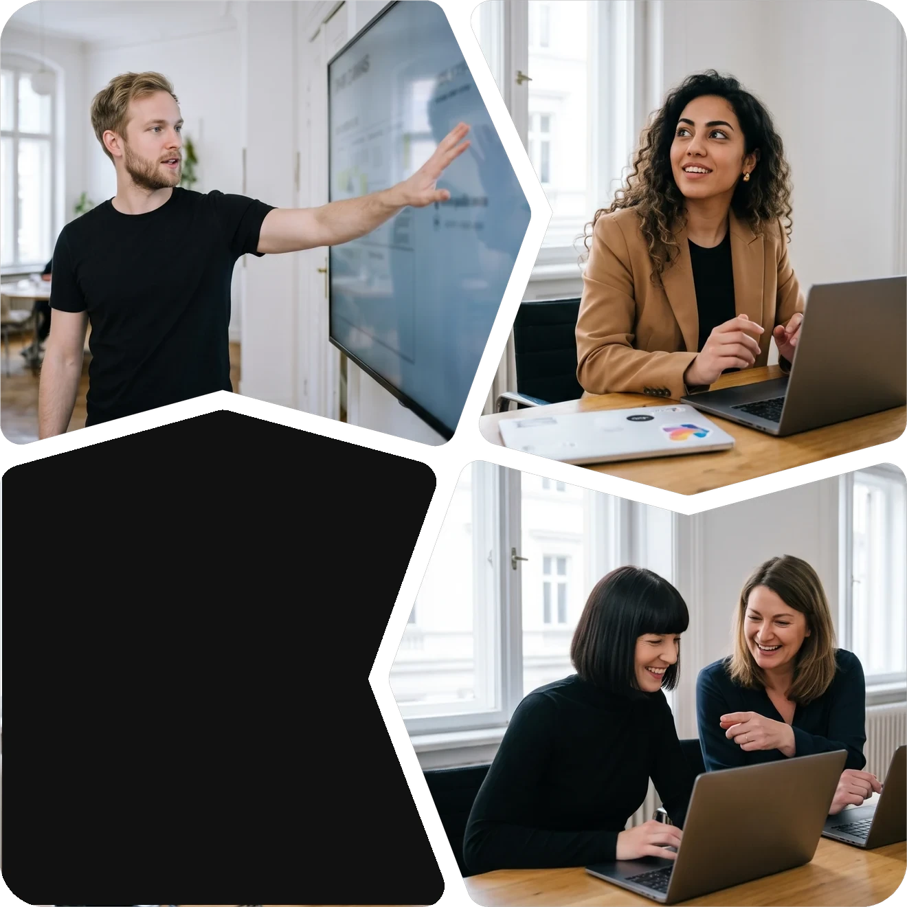 Drei Momente aus KI-Workshops: Menschen arbeiten gemeinsam am Laptop, dazu der Kreislauf aus Scan, Audit, passgenauer Lösung und Betrieb mit Agenten. KI-generierte Fotos.