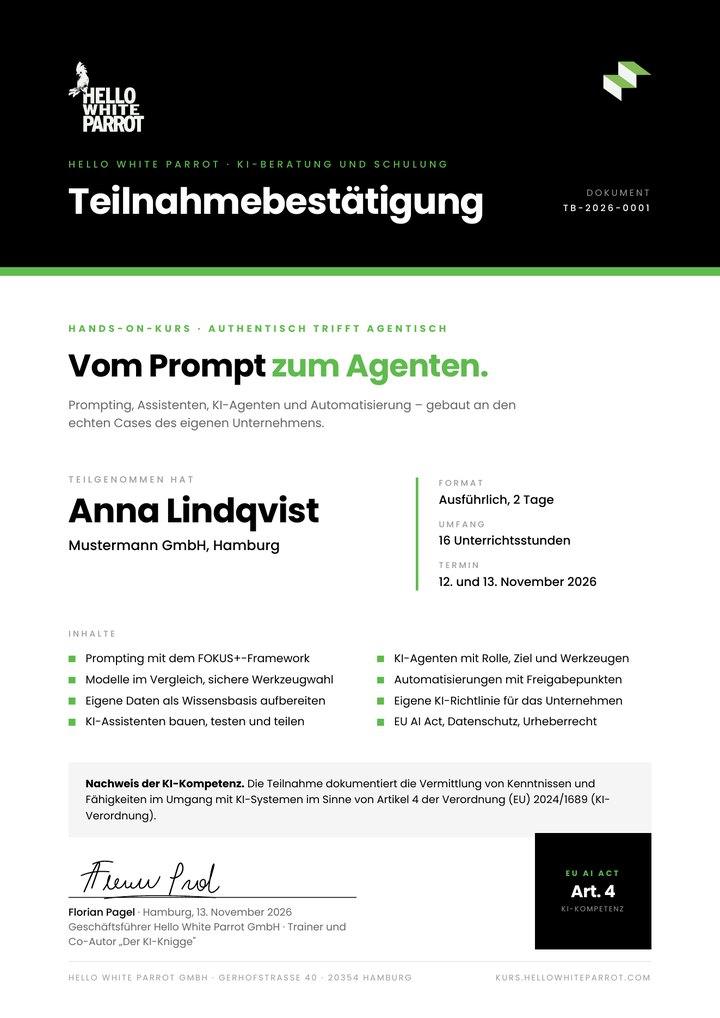 Teilnahmebestätigung: DIN-A4-Urkunde mit Goldrahmen und Siegel